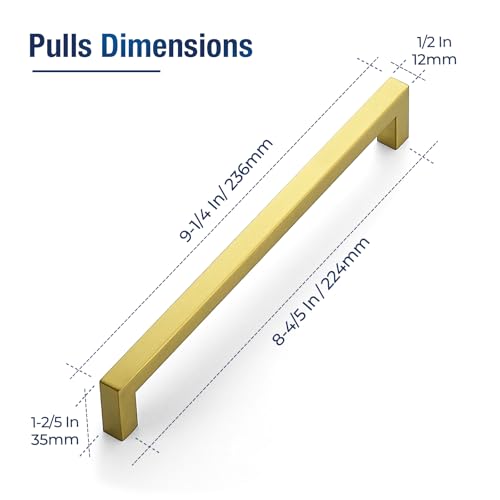 JOY DECOR Cabinet Handles, Gold Cabinet Pulls, Kitchen Handles Square Drawer Pulls Stainless Steel Drawer Hardware Handles 8-3/4 Inch(224mm) Hole Center 2 Pack - size: 8-3/4 Inch Hole Center