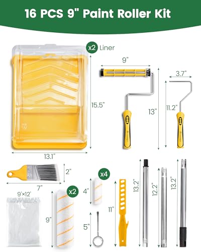 VOOMEY Paint Roller Kit with Extension Pole - 9 Inch Paint Roller with Tray, Mini Paint Roller 4 inch, Small Paint Brush, 16 Piece Complete Painting Tool Set Suitable for House & Wall Painting - style: 16 pcs paint roller kit