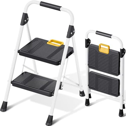 KINGRACK 2 Step Folding Ladder, 800lbs Capacity Step Stool with Safety Lock, Non-Skid Wide Pedals, and Handrail, Lightweight, Household Ladder for Home, Kitchen, Pantry, Closets, and Office Use, White - size: 2-STEP