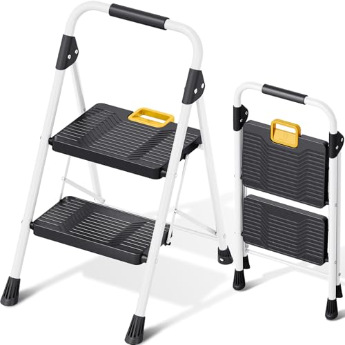 KINGRACK 2 Step Folding Ladder, 800lbs Capacity Step Stool with Safety Lock, Non-Skid Wide Pedals, and Handrail, Lightweight, Household Ladder for Home, Kitchen, Pantry, Closets, and Office Use, White - size: 2-STEP
