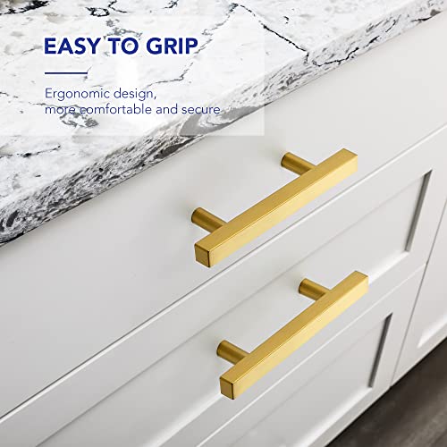 10 Pack Brushed Brass Cabinet Handles with 3 Inch (76 mm) Hole Center, Square Kitchen Hardware for Cabinets & Drawers, Stainless Steel Pulls, 5 Inch Overall Length - color: Brushed Brass Square T-Shaped, size: 3" Hole Center