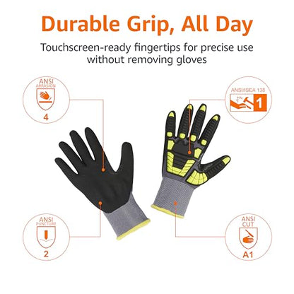 Amazon Basics Safety Work Gloves, Cut Level A1, Abrasion ANSI Level A4, Impact Resistant, Touch Screen Friendly, 15G Sandy Nitrile Palm, Yellow, Size X-Small, Pack of 120 Pairs - size: X-Small