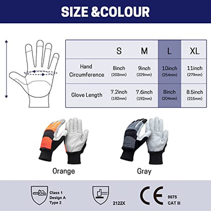 Chainsaw Safety Gloves, Chainsaw Protective Work Gloves, Cut Resistant Gloves, 12-Layer Protection on Left Hand Only - color: Large Orange