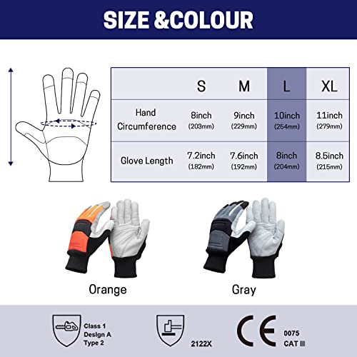 Chainsaw Safety Gloves, Chainsaw Protective Work Gloves, Cut Resistant Gloves, 12-Layer Protection on Left Hand Only - color: Large Gray