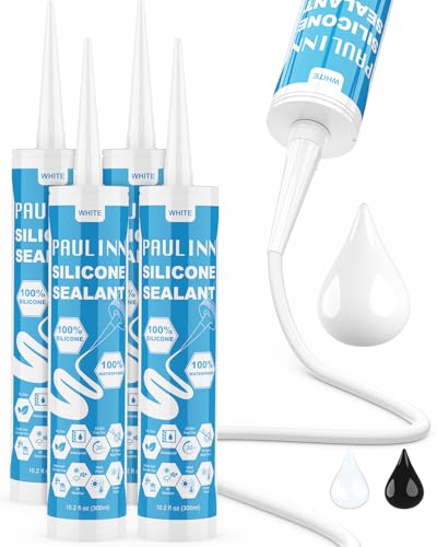 PAULINN Silicone Caulk White, 100% Silicone Sealant Waterproof for RV, Kitchen, Bath, General Use, Window, Door, Glass, Marine, 10.2 Oz, 4 Packs - color: White, size: 4 Packs
