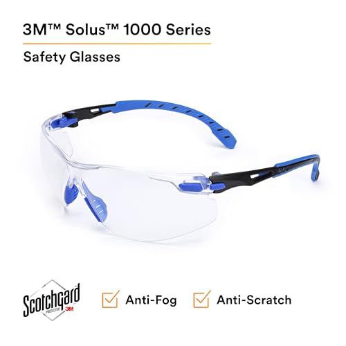 3M Safety Glasses for Men and Women, Solus 1000 Series, ANSI Z87, Scotchgard Anti-Fog, Clear Lens, Low Profile, Blue/Black Frame - size: Single, style: Clear Lens, Blue/Black Frame