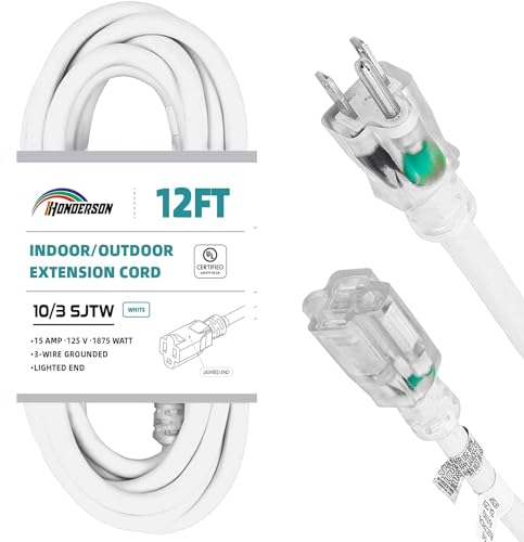 Indoor Outdoor Extension Cord Weatherproof with Lighted End, UL Certified, 10 Gauge 12FT White 3 Prong Heavy Duty, 10/3 SJTW 15A Power Cord for Outdoor Lights, Lawn - size: 12FT, style: 10/3