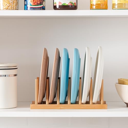 HBlife Bamboo Dish Plate Bowl Cup Book Pot Lid Cutting Board Drying Rack Stand Drainer Storage Holder Organizer Kitchen Cabinet（Keep Dry） - color: Bamboo 6 Slots 1pcs