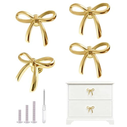Gold Cabinet Knobs, Brushed Bow Drawer Pulls, Gold Knobs for Dresser Drawer Cupboard Furniture Closet Wardrobe Door Knobs Handles (Bow Shape- 4 Pack) - style: Bow Shape- 4 PACK