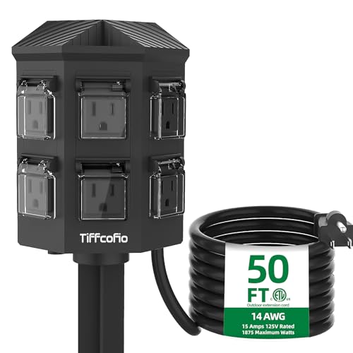 TiFFCOFiO Outdoor Power Strip Weatherproof, 50 FT Extension Cord with Power Stake, 6 Grounded Outlets for Outdoor Lights, 15A/1875W, ETL Listed - size: 50 FT
