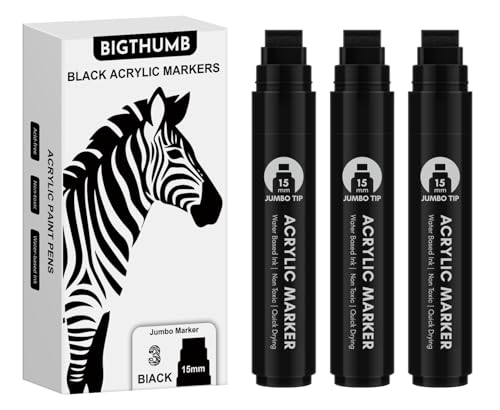BIGTHUMB 3 Pcs Black Jumbo Permanent Markers: 15mm Wide Tip Thick Acrylic Paint Pen Large Calligraphy Marker for Rock Painting, Poster, Sign, Canvas, Glass, Wood, Ceramic - color: Black