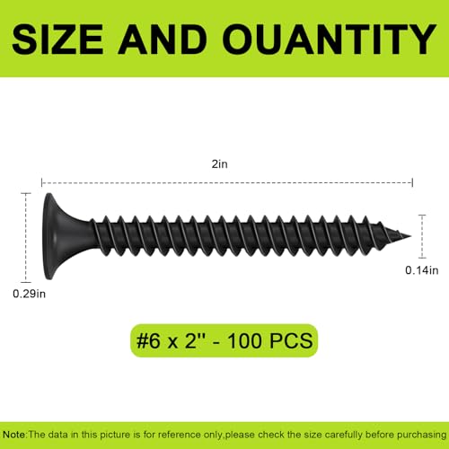 #6 x 2 Black Wood Screws, High Hardness Flat Head Self-Tapping Screw, Phillips Drive Coarse Thread Drywall Screws 100PCS, for Indoor Furniture, Woodworking&Drywall - color: #6 x 2" -100 Pcs
