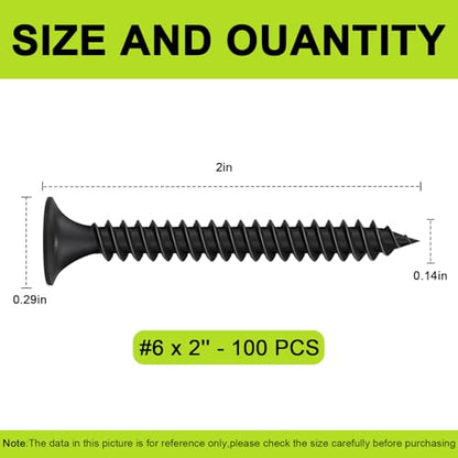#6 x 2 Black Wood Screws, High Hardness Flat Head Self-Tapping Screw, Phillips Drive Coarse Thread Drywall Screws 100PCS, for Indoor Furniture, Woodworking&Drywall - color: #6 x 2" -100 Pcs