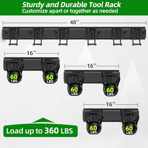 PIYILO Garage Tool Organizer Wall Mount with 48 inches Rails and 6 Double-layer Hooks, Garden Tool Rack Heavy Duty, Garage Hanging Storage Rack For Yard Tools, Shovel, Shed - size: 48 Inch Double-layer 6-hook