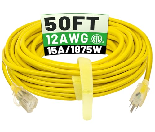 POWGRN 50 ft 12/3 Outdoor Extension Cord Waterproof Heavy Duty with Lighted Indicator End 12 Gauge 3 Prong, Flexible Cold-Resistant Long Power Cord Outside, 15Amp 1875W SJTW Yellow ETL Listed - color: Yellow, size: 50FT