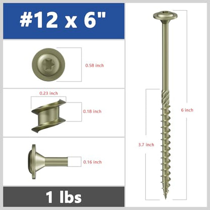 Wensilon (1 lbs)#12 x 6 Yellow Lag Screws, Structural Wood Screw, Heavy Duty Construction Screw, Rust Resistant, Washer Head, Black Coated Exterior Wood Screws, Star Drive with Bit - color: Yellow, size: #12 x 6"