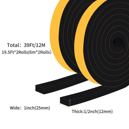High Density Foam Weather Stripping Door Seal Strip Insulation Tape Roll for Insulating Door Frame, Window, Air Conditioner Self Adhesive Sealing Weatherstrip Dustproof (1 in x 1/2 in x 40 Ft) - size: 1 In x 1/2 In x 40Ft