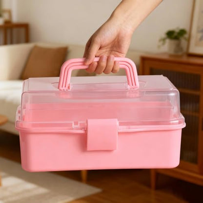 3 Layers Pink Craft Art Box, Plastic Portable Tackle Box, Sewing Organizer for Crafts, Sewing Supplies, Jewelry and Tools - color: Pink