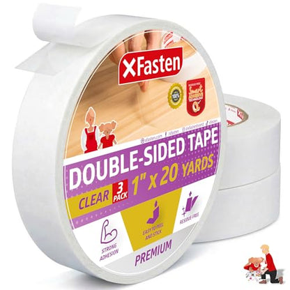 XFasten Double Sided Tape Clear, Removable, 1-Inch by 20-Yards, Pack of 3 Ideal as a Gift Wrap Tape, Holding Carpets, and Woodworking - size: 1 Inch x 20 Yards (3-Pack)