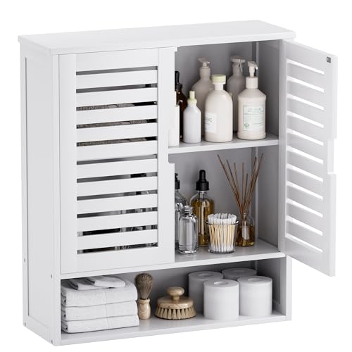 SMIBUY Bathroom Cabinet Wall Mounted, Bamboo Over-The-Toilet Storage Organizer, Space Saver Medicine Cabinet with 2 Door and Adjustable Shelves (White) - color: White