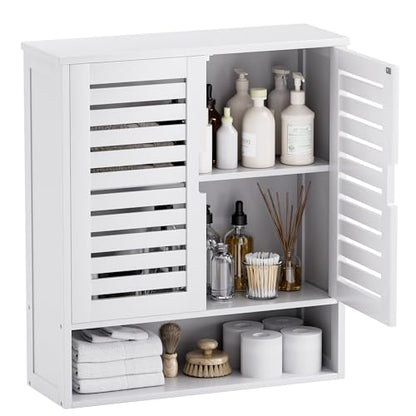 SMIBUY Bathroom Cabinet Wall Mounted, Bamboo Over-The-Toilet Storage Organizer, Space Saver Medicine Cabinet with 2 Door and Adjustable Shelves (White) - color: White