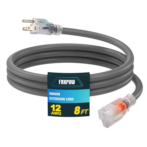 Indoor Outdoor Extension Cord, 12 Gauge 3 Prong Weatherproof Heavy Duty Gray Extension Cord with Lighted Indicator End, SJTW 15A 8 FT Extension Cable for Garage, Garden and Home, UL Listed - color: Grey, size: 8FT