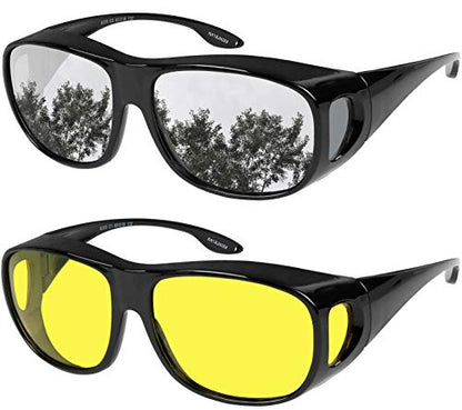 Fit Over Wrap Sunglasses Polarized Lens Wear Over Eyeglasses 100% UV Protection for Men and Women - color: Yellow Night Driving Lens and Silver Mirror Lens