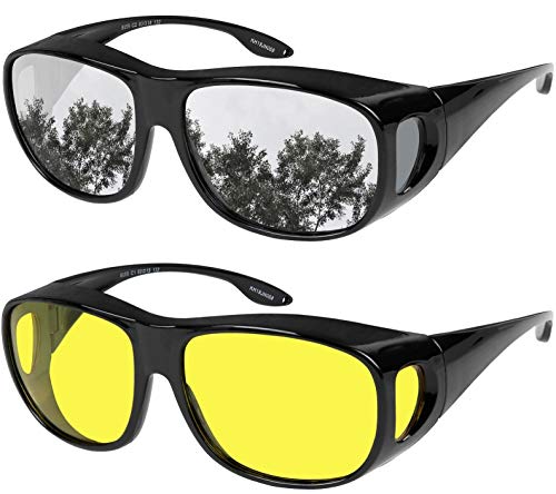 Fit Over Wrap Sunglasses Polarized Lens Wear Over Eyeglasses 100% UV Protection for Men and Women - color: Yellow Night Driving Lens and Silver Mirror Lens