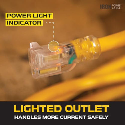 Iron Forge Cable 75 Foot Lighted Outdoor Extension Cord - 12/3 SJTW Heavy Duty Yellow Extension Cable with 3 Prong 15 AMP Grounded Plug for Safety - size: 75FT