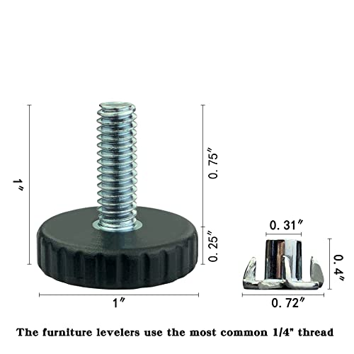 1/4" Threaded Table/Chair/Furniture Feet Levelers Screw in Threaded (12 Pack) Adjustable Leveling Foot Pads Glides Screw on for Bar Stool/Bench/Bed/Cabinet/Desk/Dresser/Wood Legs(Black,Nylon,1/4-20) - size: No Threaded Inserts