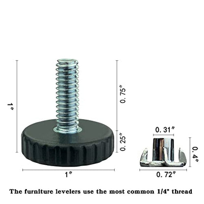 1/4" Threaded Table/Chair/Furniture Feet Levelers Screw in Threaded (12 Pack) Adjustable Leveling Foot Pads Glides Screw on for Bar Stool/Bench/Bed/Cabinet/Desk/Dresser/Wood Legs(Black,Nylon,1/4-20) - size: No Threaded Inserts