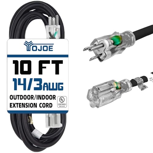 YOJOE Indoor Outdoor Extension Cord with Lighted End, 3 Prong 15A Weatherproof Power Cord, 14 Gauge Heavy Duty 10 ft Black Extension Cord for Garage, Garden and Home, 14/3 SJTW UL Listed - color: Black, size: 10 Foot
