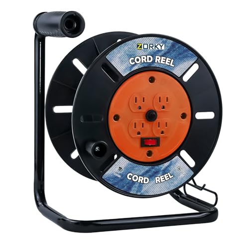 Extension Cord Storage Reel, Retractable Heavy Duty Open Cord Reel for 12/3,14/3,16/3 Gauge Extension Cord, Portable Empty Hand Wind Power Cord Roller Holder with 4-Grounded Outlets - color: Orange