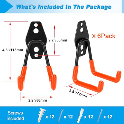 6 Pack Garage Hooks Heavy Duty - Supports 100 lbs, Utility Steel Garage Hanger & Organizer for Organizing Garden Lawn Tools, Ladders, Garden Hose, Digging Shovel, Bikes, Ropes (Orange) - size: 6 Pack