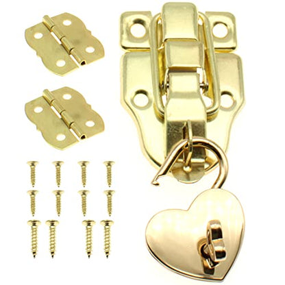 Retro Style Duckbilled Toggle Hasp Latch Heart-Shaped Padlock and Antique Mini Folding Hinge Kit with Mouting Screws for Repair/Decorative Wooden Jewelry Box(Gold)