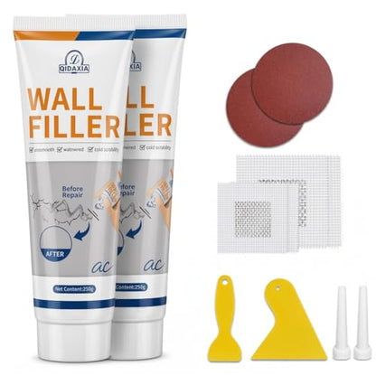 Drywall Repair Kit Spackle Wall Patch Kit, 2x250g (17.6oz) Large Hole Filler Wall Mending Paste with 2" & 4" Aluminum Patches, Scrapers, Gloves, Sandpapers, Plaster Wall Crack Putty for Home