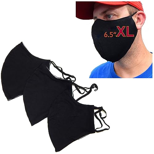 ICYROSE 3 Pack XXL 7"/ XL 6.5" Extra Large Face Mask Big and Tall 3 Ply Beard Mask Cotton w/nose wire Filter Pocket - color: All Black, XL 6.5"