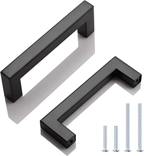 KNOBWELL 6 Pack Black Kitchen Cabinet Pulls, 3-3/4 inch Hole Center Black Square Stainless Steel Dresser Drawer Pulls 4-1/5" Length - color: Matte Black, size: Hole Center:3-3/4 Inch(96mm)