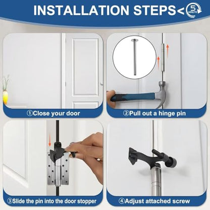 5 Pack Premium Hinge Pin Door Stopper Set, Adjustable Heavy Duty Door Stoppers with White Rubber Bumper Tips，Tool-Free Install, Quiet Close, Wall & Door Protection, Black (2-1/2" × 1-3/4")