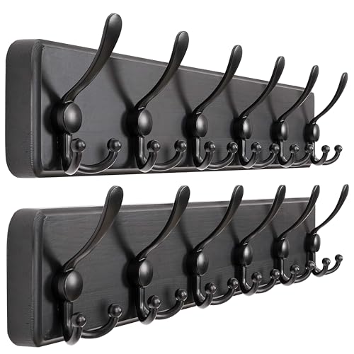 Dseap Coat Rack Wall Mounted - 24" Long 6 Tri Hooks, Heavy Duty Wooden Wall Coat Hanger Coat Hook for Clothes Hat Jacket Clothing, Black, Pack of 2 - color: Black, size: L=24"