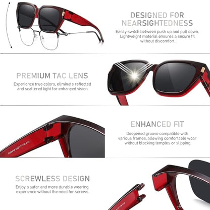 HAOLOTA Polarized Fit Over Glasses Sunglasses for Women Men Trendy Square Wrap Around Shades UV Protection - color: L Size 05 Wine Red/Grey