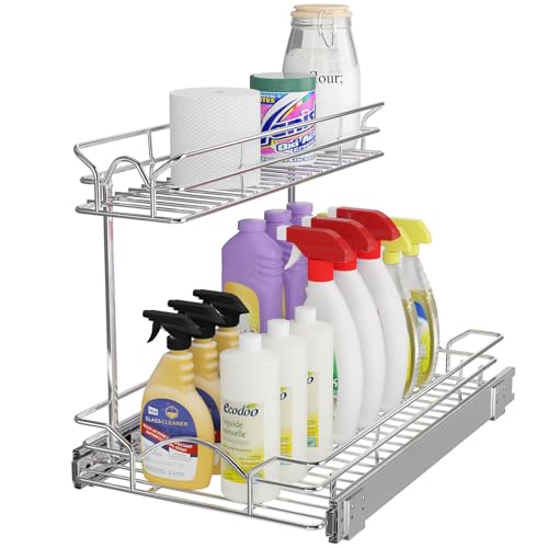 OCG Under Sink Cabinet Organizer Two Tier Pull Out Shelf (11.75W x 17D), Under Sink Sliding Shelf for Kitchen Bathroom Cabinet 2 Tier Chrome - size: 11.75W17D