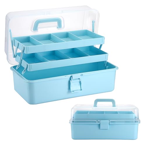 Tackle Box, 16-Inch Extra Large Art Storage Box with 3-Layer Folding Trays, Multipurpose Craft Organizers and Storage w/ Adjustable Dividers, Portable Tool Box for Sewing Supplies,Medicine &Cosmetics - color: Blue