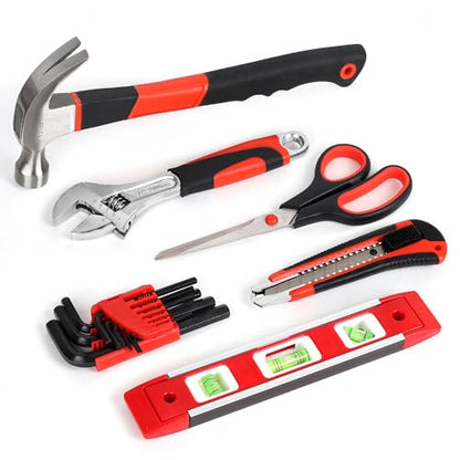 FASTPRO 220-Piece Home Tool Set, Household Repairing Tool Kit with 12-Inch Wide Mouth Open Storage Tool Bag, Red - color: Red