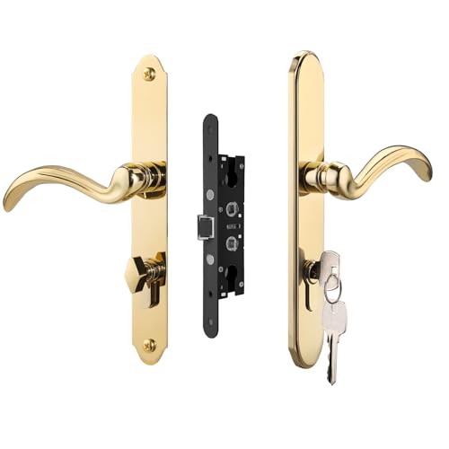 HauSun Storm Door Handle Set Replacement Kit with 2 Point Mortise Lock and Key,Security Door Keyed Lever Handle Fits for Pella or Larson Storm Door (Polished Gold) - color: Polished Gold