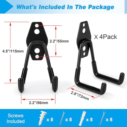 4 Pack Garage Hooks Heavy Duty - Supports 100 lbs, Utility Steel Garage Hanger & Organizer for Organizing Garden Lawn Tools, Ladders, Garden Hose, Digging Shovel, Bikes, Ropes - size: 4 Pack