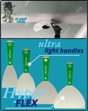 Medusa's Flexible Stainless Steel Drywall Taping Knife Set with 12" Mud Pan and Grip: Classic Style Light Weight Handles with Strong Flexible Blades for Professional and beginner friendly Finishers