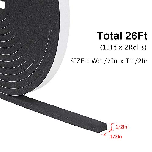Weather Stripping Door Seal Strip for Doors and Windows, 1/2In x 1/2In x 13Ft x 2 Roll Foam Insulation Tape Self Adhesive,Sound Proof,Weatherstrip,Pipe Cooling, Air Conditioning Seal Strip - size: W:1/2In xT: 1/2In xL: 13Ft x 2 Roll