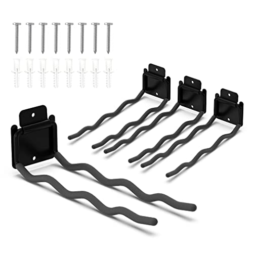 HUHOLE 4 Pack Garage Hooks Heavy Duty – 12 Inch Long Wave Wall Mount Hangers for Ladders, Shovels, Chairs & Garden Tools – Steel Utility Organizer for Garage Storage System (60lb Capacity, Black)