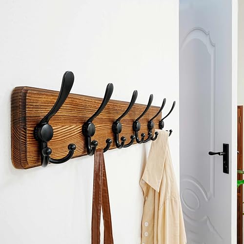 Dseap Coat Rack Wall Mounted - 24" Long 6 Tri Hooks, Heavy Duty Wooden Wall Coat Hanger Coat Hook for Clothes Hat Jacket Clothing, Natural and Black, Pack of 2 - color: Natural & Black, size: L=24"